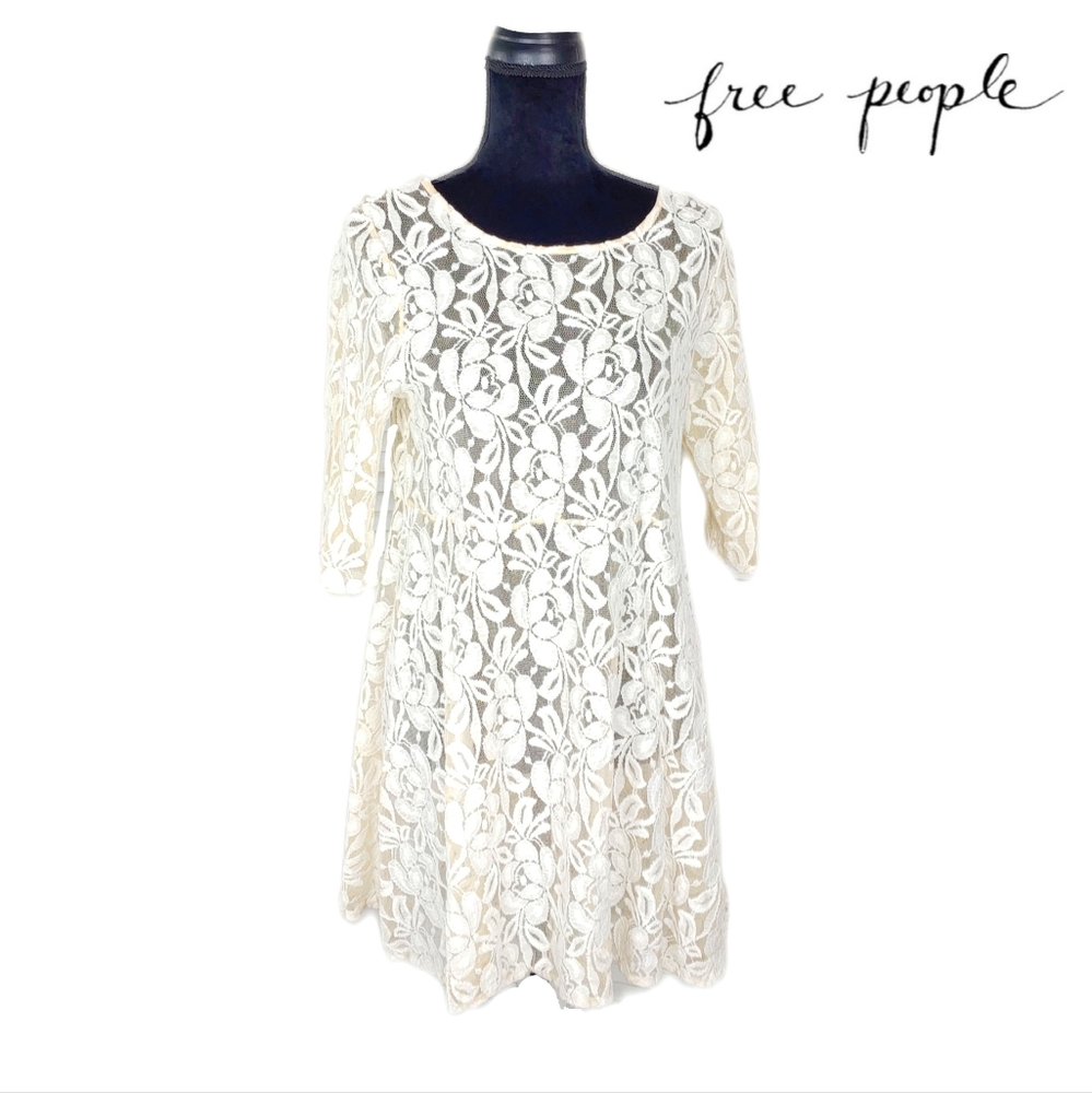 Free People EUC Wmn M Ivory Lace Overlay 3/4 Sleeves Skater Dress - Picture 1 of 6